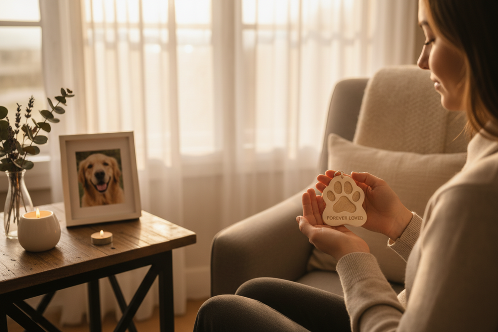 Pet memorial keepsake displayed at home